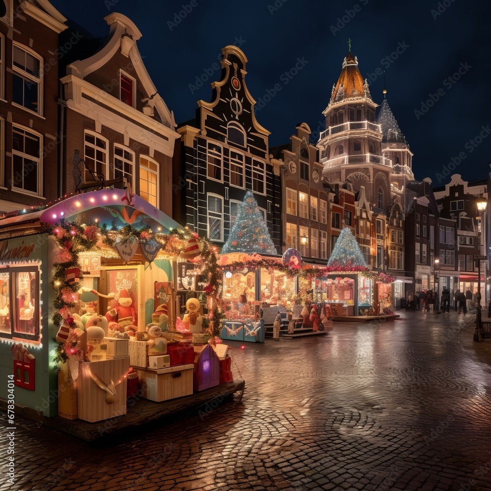 Fototapeta premium a street with buildings and a lit up christmas market