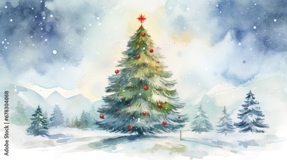  a watercolor painting of a christmas tree in a snowy landscape with a red star on top of it, surrounded by evergreen trees and snowing on the ground.