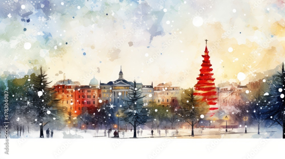 a painting of a winter scene with a red christmas tree in the foreground and a building in the background with snow falling on the ground and trees in the foreground. a painting of a winter scene with a red christmas tree in the foreground and a building in the background with snow falling on the ground and trees in the foreground.