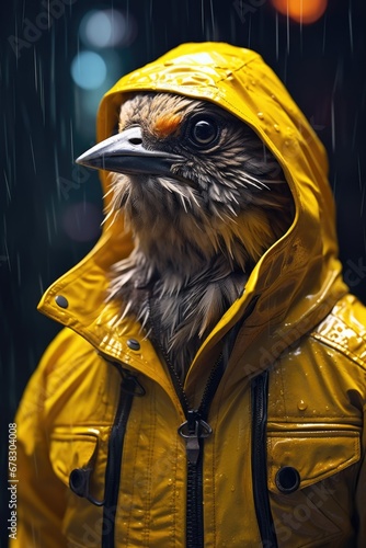 A picture of a bird wearing a yellow raincoat in the rain. Perfect for illustrating rainy weather or the importance of being prepared. © Fotograf