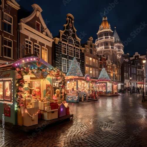 a street with buildings and a lit up christmas market