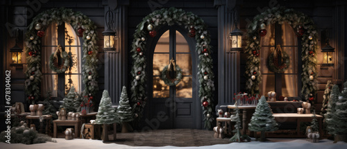 Of christmas decorations in front of a door.