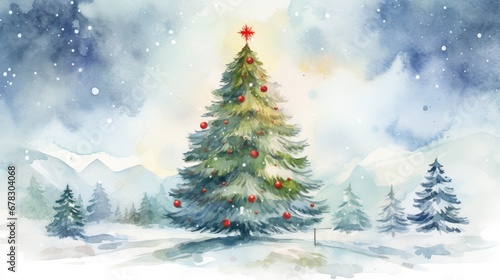  a watercolor painting of a christmas tree in a snowy landscape with a red star on top of it, surrounded by evergreen trees and snowing on the ground. © Shanti
