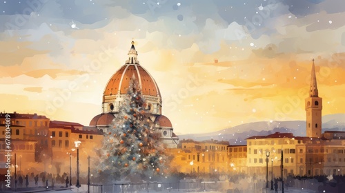  a digital painting of a christmas tree in front of a building with a dome and a steeple in the background with snow falling on the ground and buildings in the foreground.