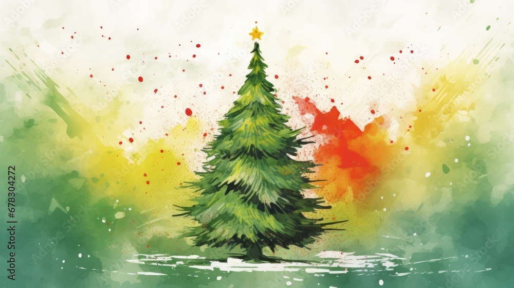  a watercolor painting of a christmas tree on a green and yellow background with a splash of paint on the left side of the tree, and a splash of red and yellow and green on the right side.