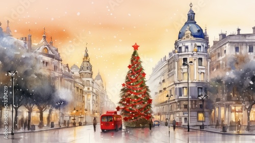  a painting of a city street with a christmas tree in the foreground and a red double decker bus on the right side of the street and a red double decker bus on the left.