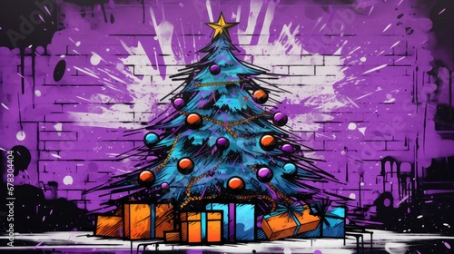  a painting of a christmas tree with presents in front of a purple brick wall with a star on top of it and a purple brick wall in the background behind it.
