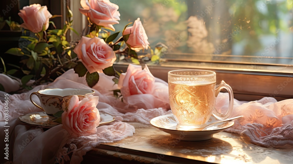 a cup of tea sitting on top of a table next to a vase of pink roses and a vase of pink roses on a window sill next to a window. a cup of tea sitting on top of a table next to a vase of pink roses and a vase of pink roses on a window sill next to a window.
