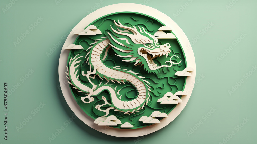 A minimal, paper cut style green dragon in circle as a symbol of the Chinese New Year, on a light green background. Happy holiday concept. Banner