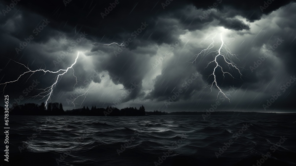  a black and white photo of a storm over a body of water with a boat in the water and a lot of lightning coming out of dark clouds in the sky. - obrazy, fototapety, plakaty 