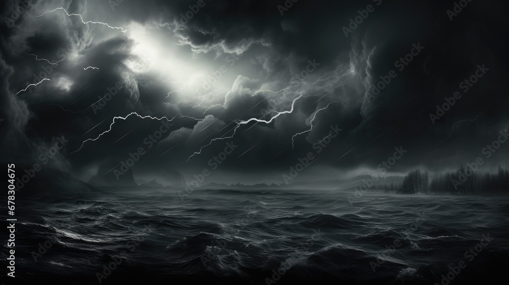  a black and white photo of a storm in the sky over a body of water with a boat in the middle of the water and a lighthouse in the distance.