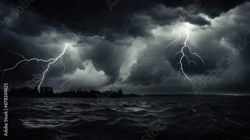  a black and white photo of a storm over a body of water with a boat in the water and a lot of lightning coming out of dark clouds in the sky.