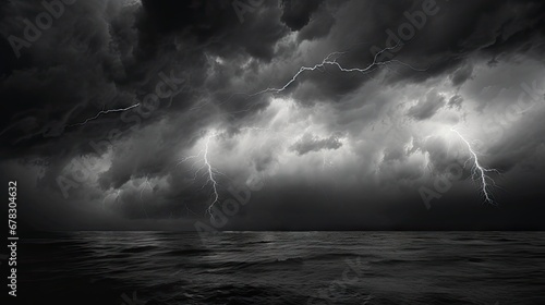  a black and white photo of a storm in the sky over a body of water with a boat in the foreground and a large amount of dark clouds in the background. photo
