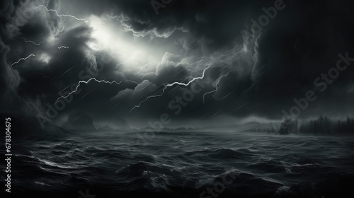  a black and white photo of a storm in the sky over a body of water with a boat in the middle of the water and a lighthouse in the distance.