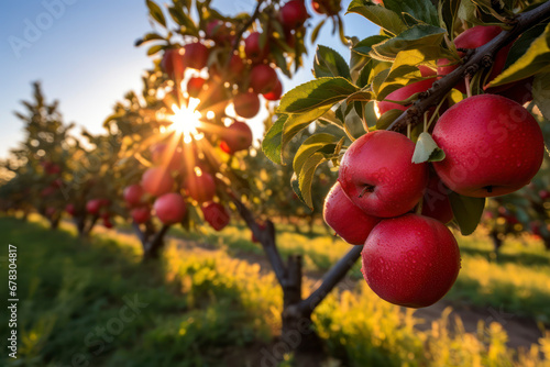 The golden hour sun streams through rows of apple trees, casting a warm glow over the red, ripe fruit ready for harvest in a serene orchard