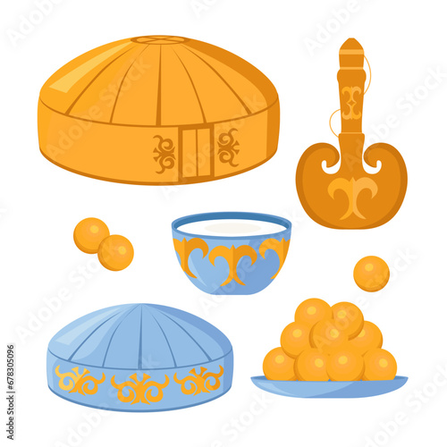 Vector set. Kazakhstan. Yurt, skullcap, baursaks.