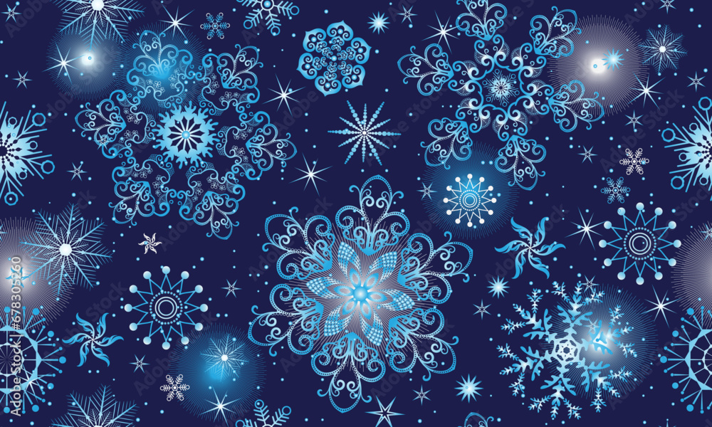 Vector Christmas dark blue seamless pattern with gradient snowflakes and stars Vector Christmas dark blue seamless pattern with gradient snowflakes and stars