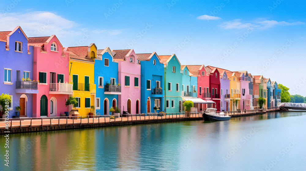 Charming Quaint Waterfront Village with Colorful Houses, Enhanced with Soft and Pastel Tones to Evoke a Tranquil and Picturesque Atmosphere