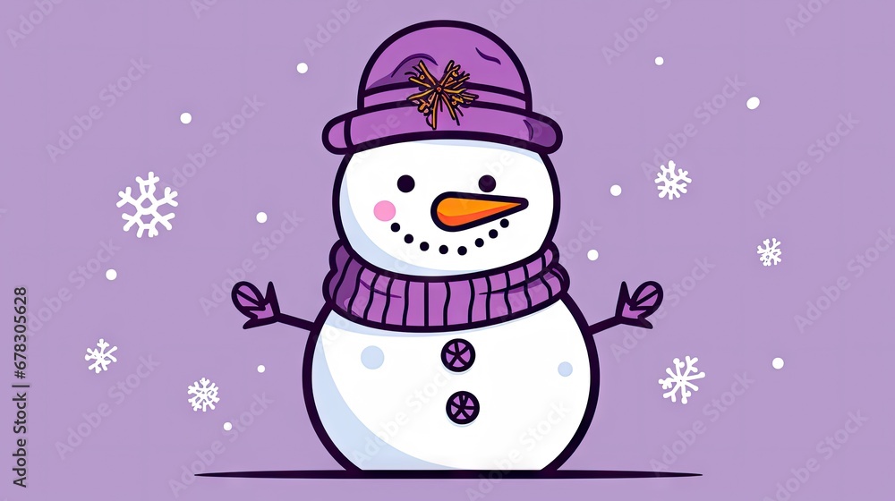  a cartoon snowman wearing a purple hat and scarf and scarf around his neck, with snowflakes on the ground, and snowflakes on the ground.
