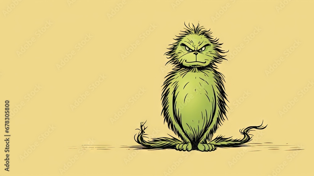 Naklejka premium a drawing of a green cat sitting on the ground with its eyes closed and a frown on it's face as if it were having a bad day or a bad day.