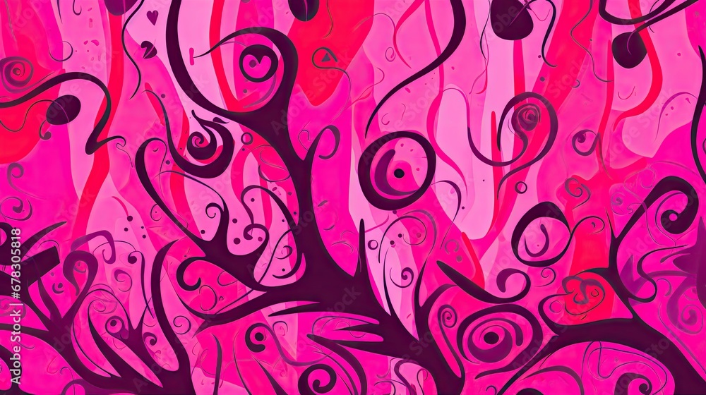 a painting of a tree with swirls and hearts on a pink background with red and black swirls and hearts on a pink background with red and black swirls. a painting of a tree with swirls and hearts on a pink background with red and black swirls and hearts on a pink background with red and black swirls.