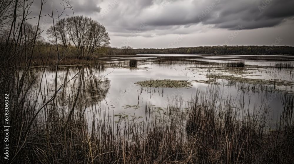  a body of water surrounded by reeds and a forest under a cloudy sky with a person standing in the water at the end of the water's edge.