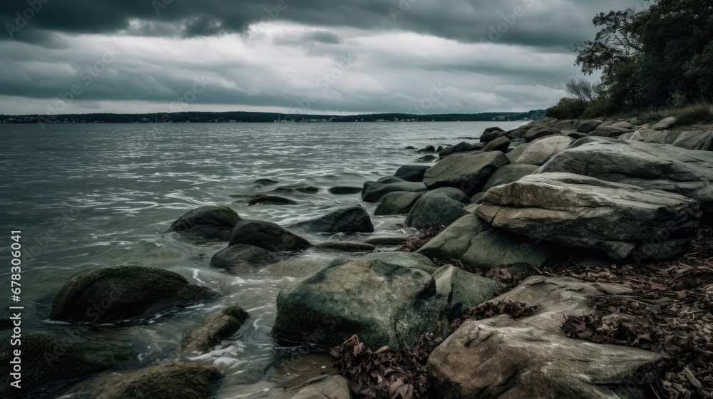  a large body of water with rocks on the shore and a cloudy sky in the background, with trees and bushes on the shore, and a few rocks in the foreground, in the foreground.