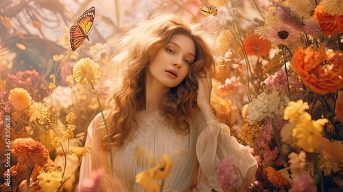  a woman standing in a field of flowers with a butterfly flying above her head and her hair blowing in the wind, with a butterfly flying above her head,.