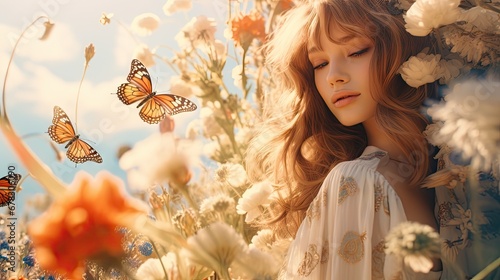  a woman with long hair standing in a field of flowers with a butterfly flying over her shoulder and her eyes closed, with a backdrop of white and orange and white flowers. photo