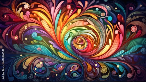  an abstract painting of colorful swirls and bubbles on a black background with a blue sky in the background and a blue sky in the middle of the top right corner.