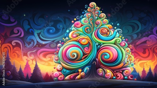  a painting of a colorful tree in the middle of a forest with swirls and bubbles on the top of the tree, with a dark sky in the background.