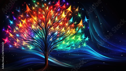  a painting of a colorful tree with stars on it's top and bottom half of the tree is multicolored and has a black background 