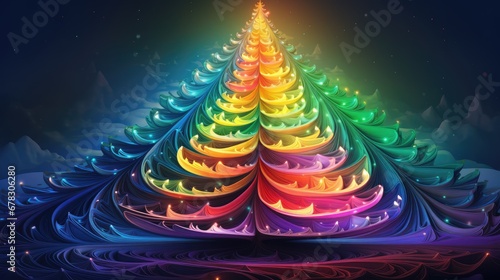  a multicolored christmas tree on a dark background with a bright light coming from the top of the tree and a star in the middle of the top of the tree.