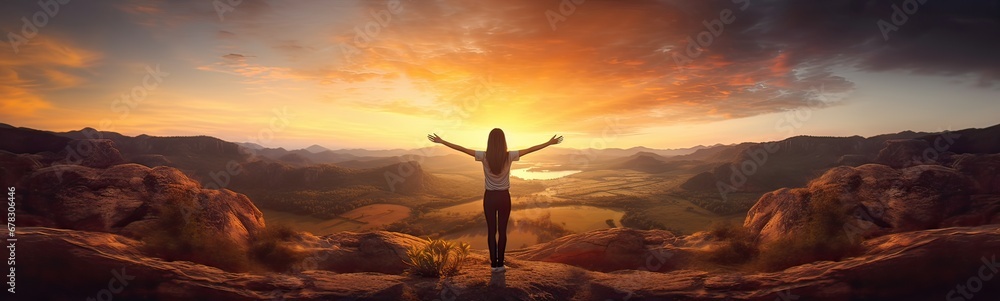 Photo of a Girl on Top of a Mountain Embracing a Sunset