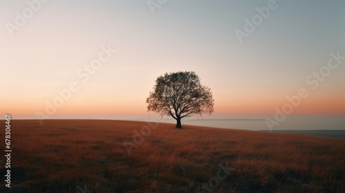  a lone tree on a hill with a sunset in the backgrounnd of the picture and a distant horizon in the distance, with a distant body of water in the foreground.