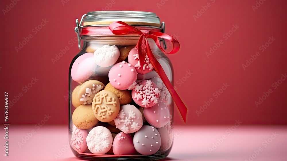  a jar filled with assorted cookies and cookies on top of a pink surface with a red ribbon around the top of the jar and a red bow on the top of the jar.