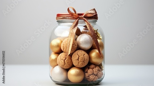  a glass jar filled with christmas ornaments and a bow on the top of the jar is filled with gold, silver, and white bauble baubs. photo