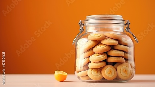  a jar filled with cookies sitting on top of a table next to a slice of orange and a half of an orange on the side of the jar of the jar.
