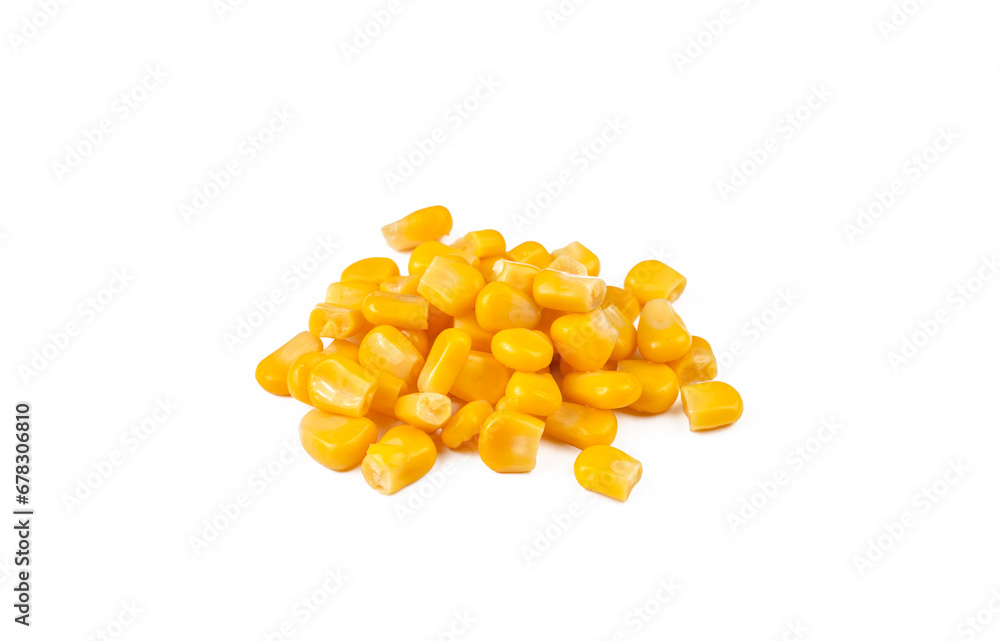 Heap of canned yellow sweet corn seeds isolated on white background