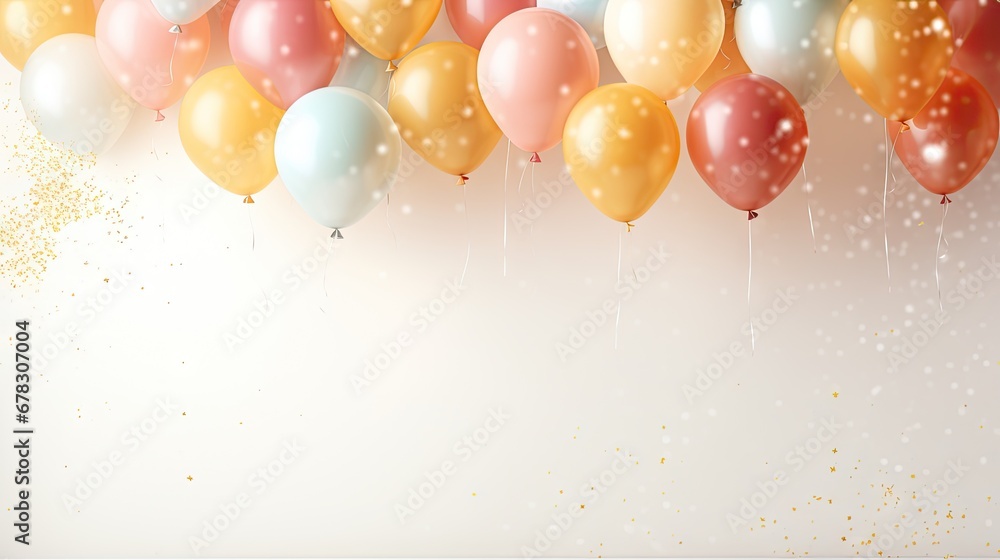  a bunch of balloons floating in the air with gold and white confetti on the bottom of the balloons and confetti on the bottom of the balloons. - obrazy, fototapety, plakaty 