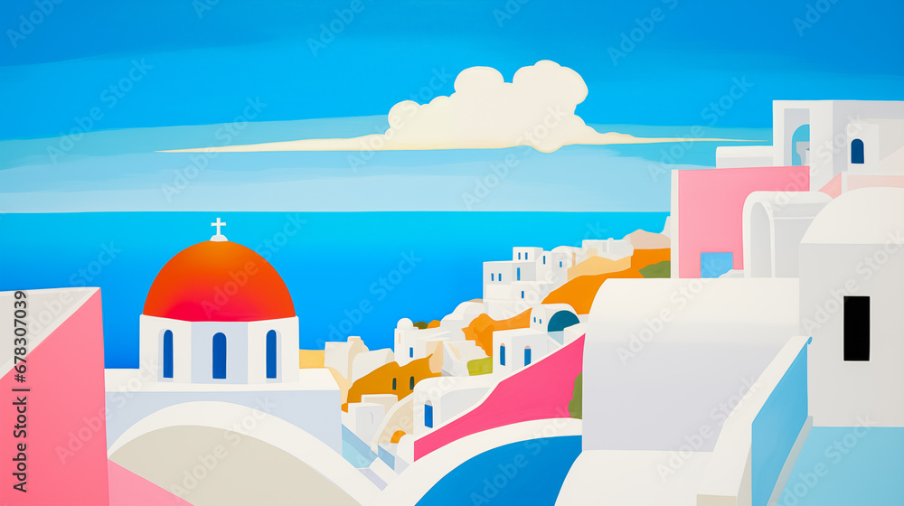 Abstract image of the iconic white buildings with blue and red domes of Santorini island, Greece. The buildings are set against a clear blue sky, sea and mountains range in the background.	
