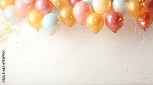  a bunch of balloons floating in the air with gold and white confetti on the bottom of the balloons and confetti on the bottom of the balloons.