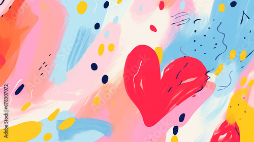 An abstract Valentine's day background consists of various shapes, brush strokes, splatters and several hearts scattered throughout. Soft and romantic mood.