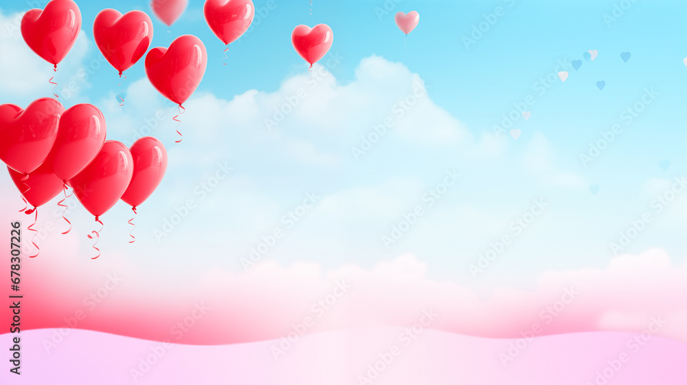 Valentine's day background with  red hearts balloons on the pink and blue sky. Soft and romantic mood.