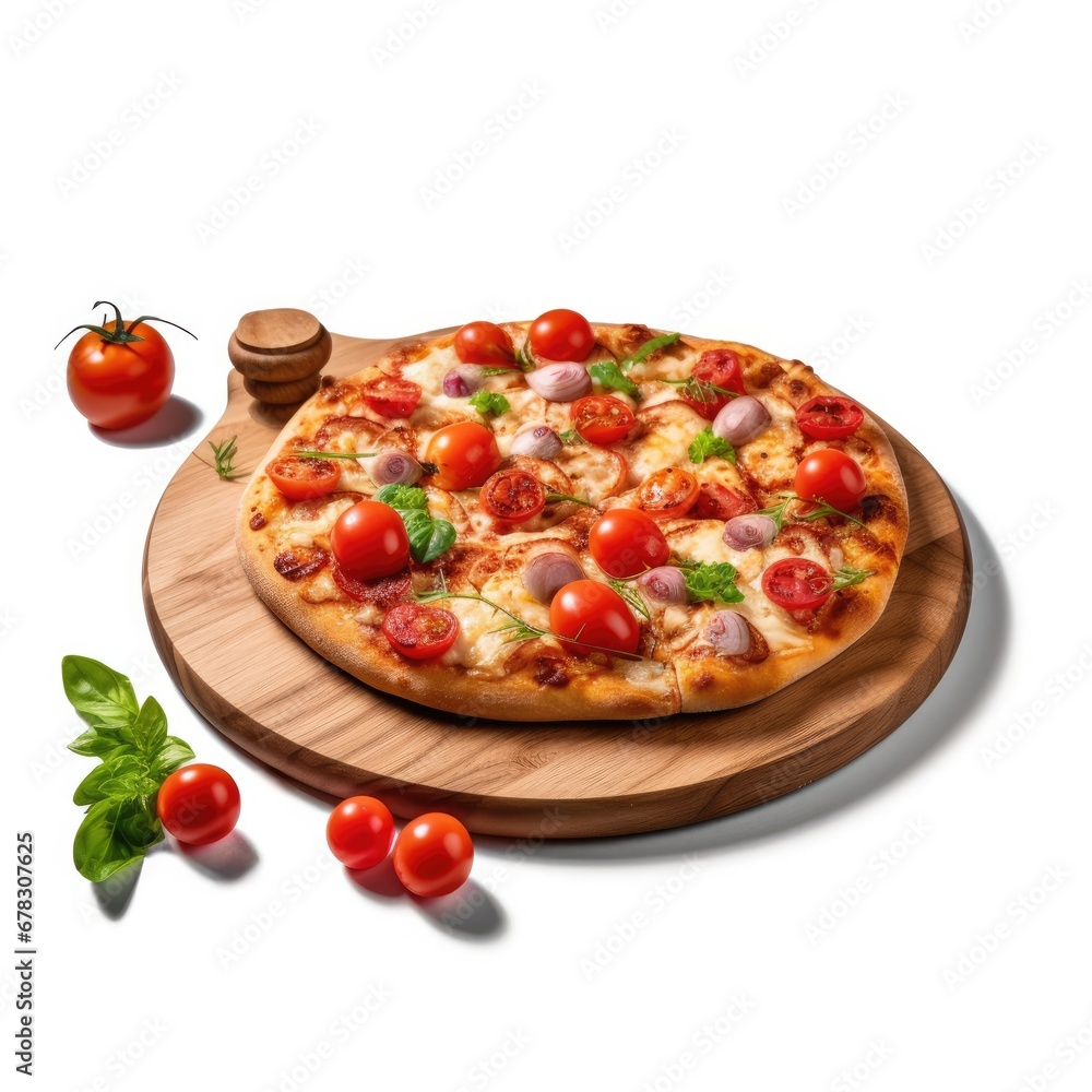 Pizza w Tomatoes on Wooden Board Pizza w Tomatoes on Wooden Board