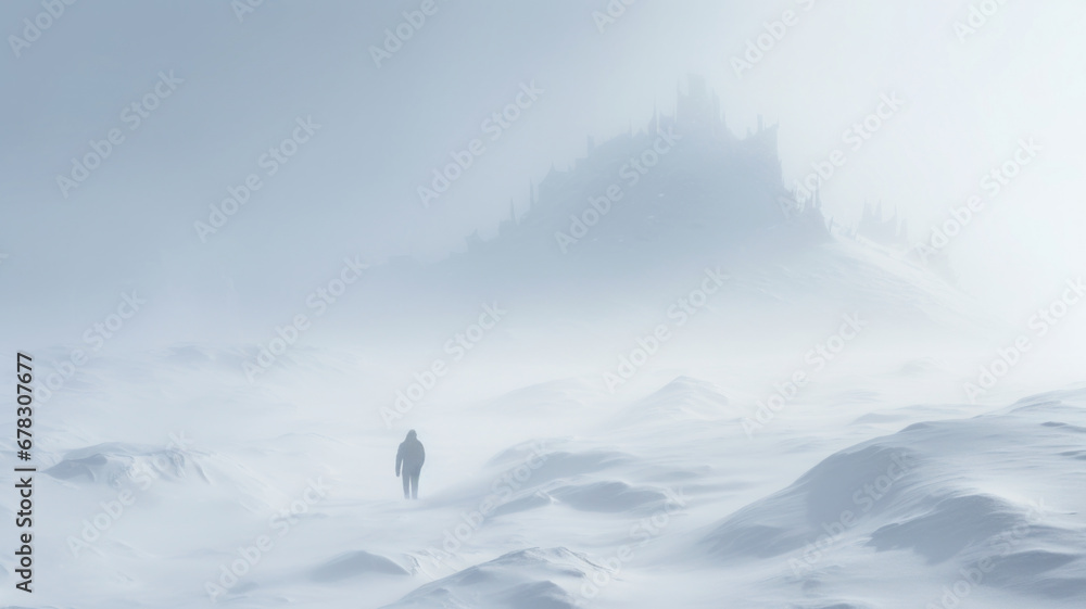 A person walks in a blizzard. Snowy landscape, severe weather and harsh conditions. - obrazy, fototapety, plakaty 