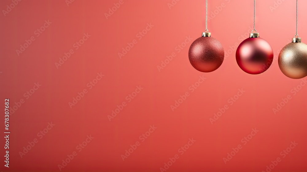 three red and gold christmas ornaments hanging from a string on a red background with a place for a text or a logo on the bottom of the ornament. three red and gold christmas ornaments hanging from a string on a red background with a place for a text or a logo on the bottom of the ornament.