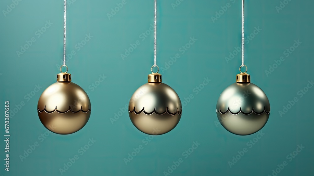 three shiny gold christmas ornaments hanging from a line on a teal green background, with a gold chain hanging from the top of each ornament to the bottom of the ornament. three shiny gold christmas ornaments hanging from a line on a teal green background, with a gold chain hanging from the top of each ornament to the bottom of the ornament.