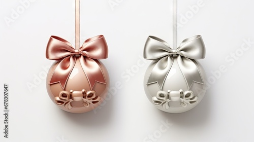  a couple of ornaments that are hanging on a string with a bow on one ornament and another ornament with a bow on the other one ornament.