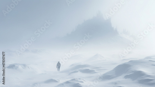 A person walks in a blizzard. Snowy landscape, severe weather and harsh conditions. photo